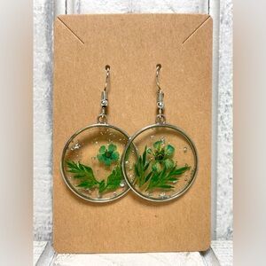 Floral Resin Earrings Dangle/Drop Style Pressed Flowers Blue/Green Hue & Silver